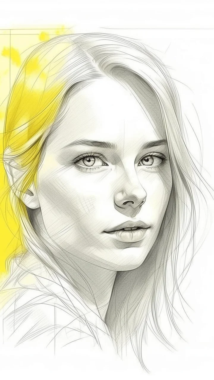 A beautiful face of white woman in yellow and white on a light gray canvas background, pencil sketch drawing style