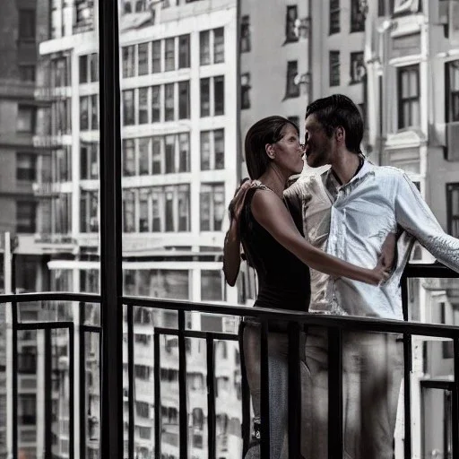 a man and a woman arguing on the balcony, downtown new york, dramatic, dramatic lighting, volumetric lighting, hyperrealism, 8k, high quality, photorealistic, lot of details