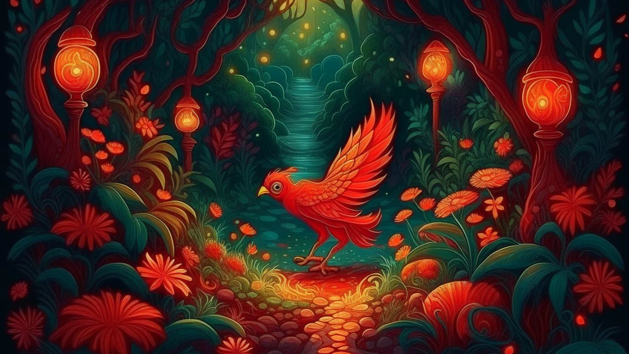 Night illustration: Magical slavic garden with lush greenery and a beautiful stone winding path. There is only one creature the Firebird. The feathers of the Firebird are vibrant red, orange, and gold, each one glowing with an otherworldly brilliance.