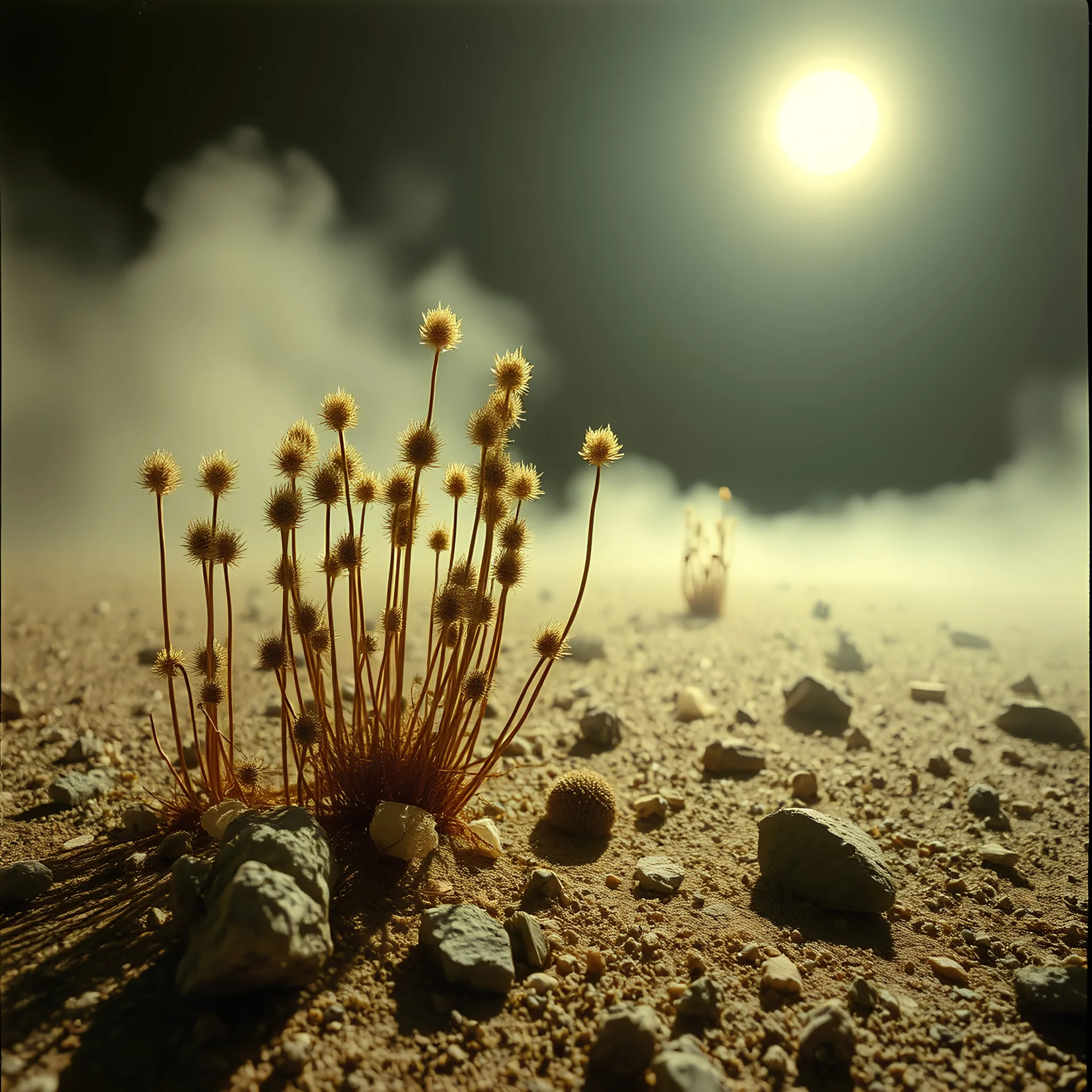 A striking quality Kodak close-up photograph captures a wasteland with groups of plants, creepy, details of the dust very accentuated, glossy, organic, adorned with minerals and rocks. Bathed in intense light, eerie, Max Ernst style, black sun, fog