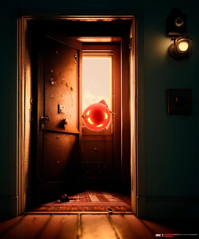 Wes Anderson photographer, night, monster peeking behind the ajar door, Ultra realistic, punk style, wide angle view, soft color, highly detailed, unreal engine 5, ray tracing, RTX, lumen lighting, ultra detail, volumetric lighting, 3d, finely drawn, high definition.