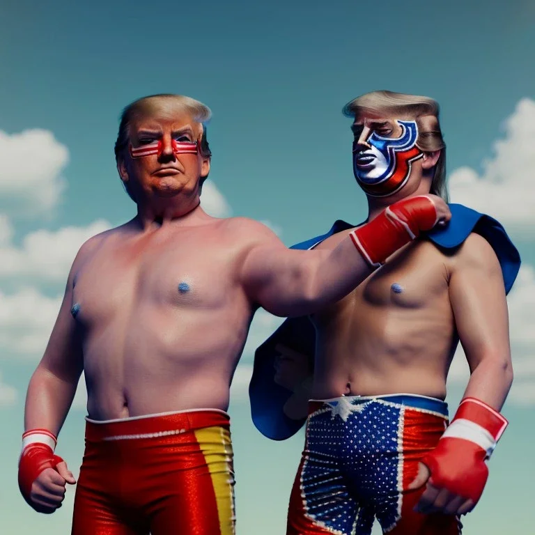 realistic image of donald trump as a mexican wrestling fighter posing outdoors, Mexican eyes wrestling mask, red and blue breeches, suspenders, retro style, 80s, vibrant color, highly detailed, sky background, concept art, unreal engine 5, god rays, ray tracing, RTX, lumen lighting, ultra detail, volumetric lighting, 3d, finely drawn, high definition, high resolution.