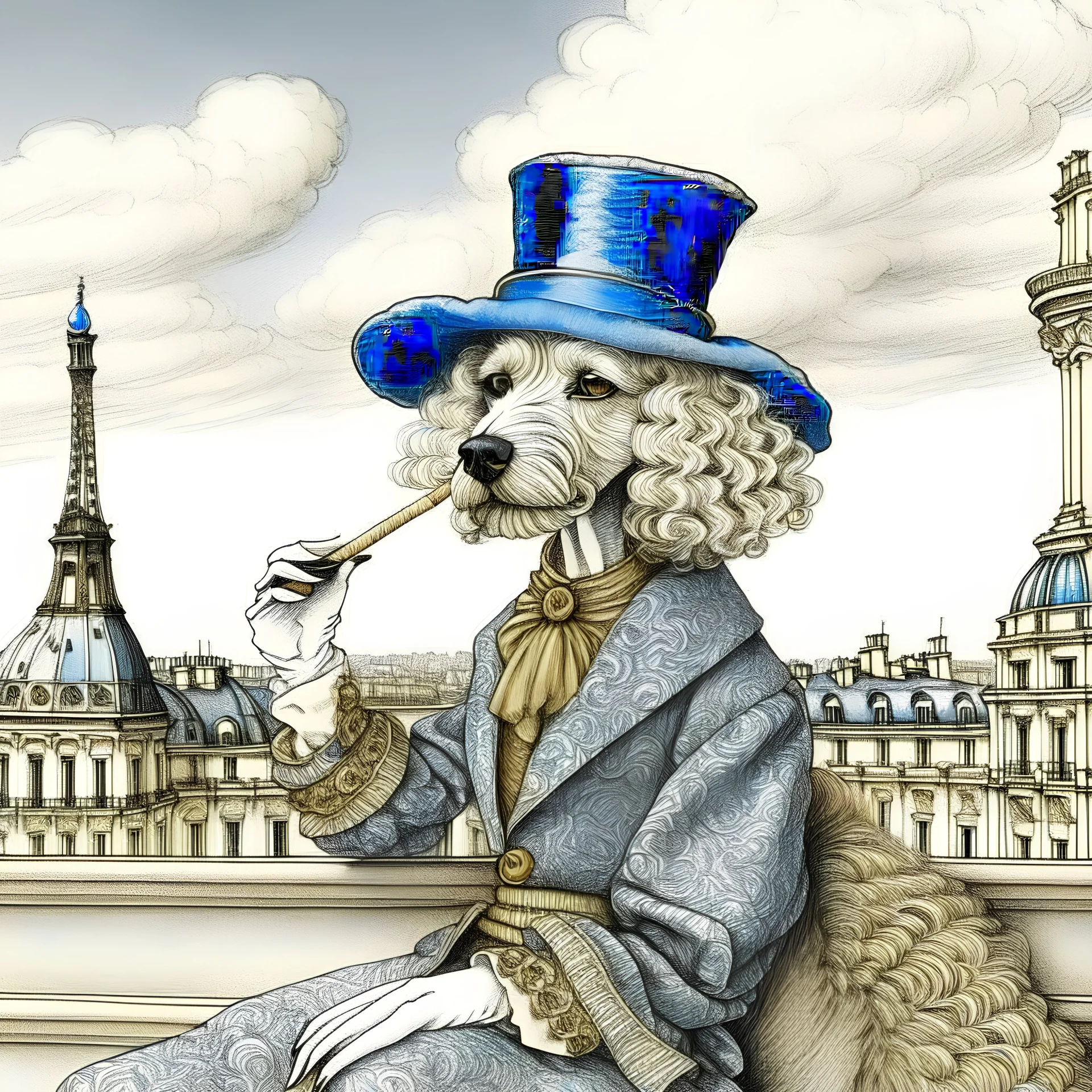 Vintage drawn illustration of a poodle wearing a beret and smoking a cigarette on the rooftop of the Louvre, french illustration, highly detailed, color pencils, vogue