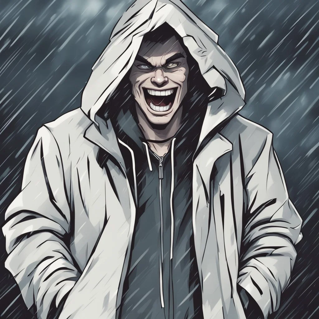 a closeup of a psychopathic young man with white eyes in a heavy coat and hood during a rainstorm laughing cartoon