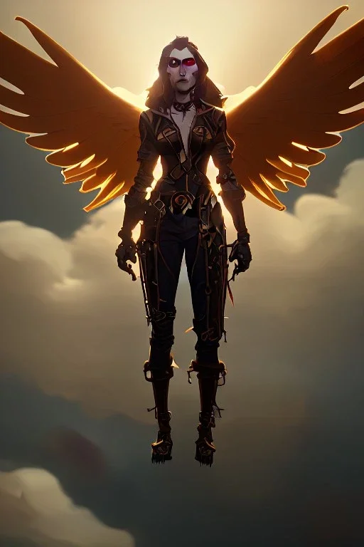 steampunk angel, pale, clouds, golden glow, majestic, heroic