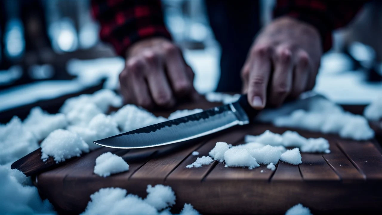 close up photo frrom large male hands sharpen a knife with another knife , high detailed, sharp focuses, photorealistic, in background blur villager place, snowy yard