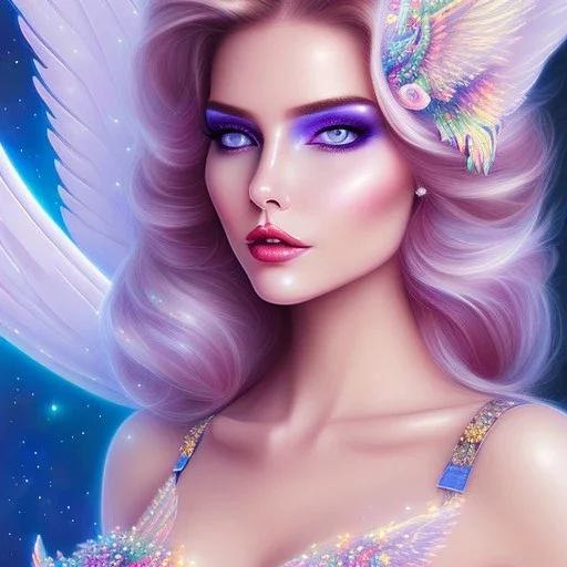 jolie femme galactique cosmonaute avec longs cheveux blue pastel joli visage souriant et beau corps bien formé , beaux yeux bleus - grandes ailes bleu ciel , ciel bleu fleurs blanches et roses. robe en soie, jolies dents, jolis yeux, picture precise and hight quality,ambiance rose pÂle, combinaison de cosmonaute, bijoux