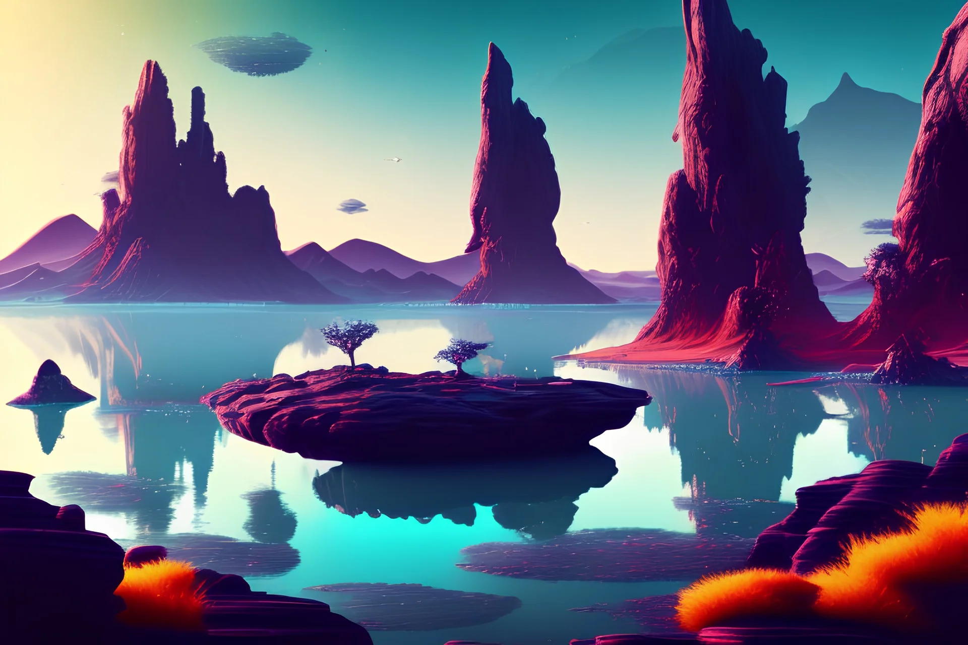 Alien rocky landscape, with lagoon, vegetation, distant city, sci-fi, epic