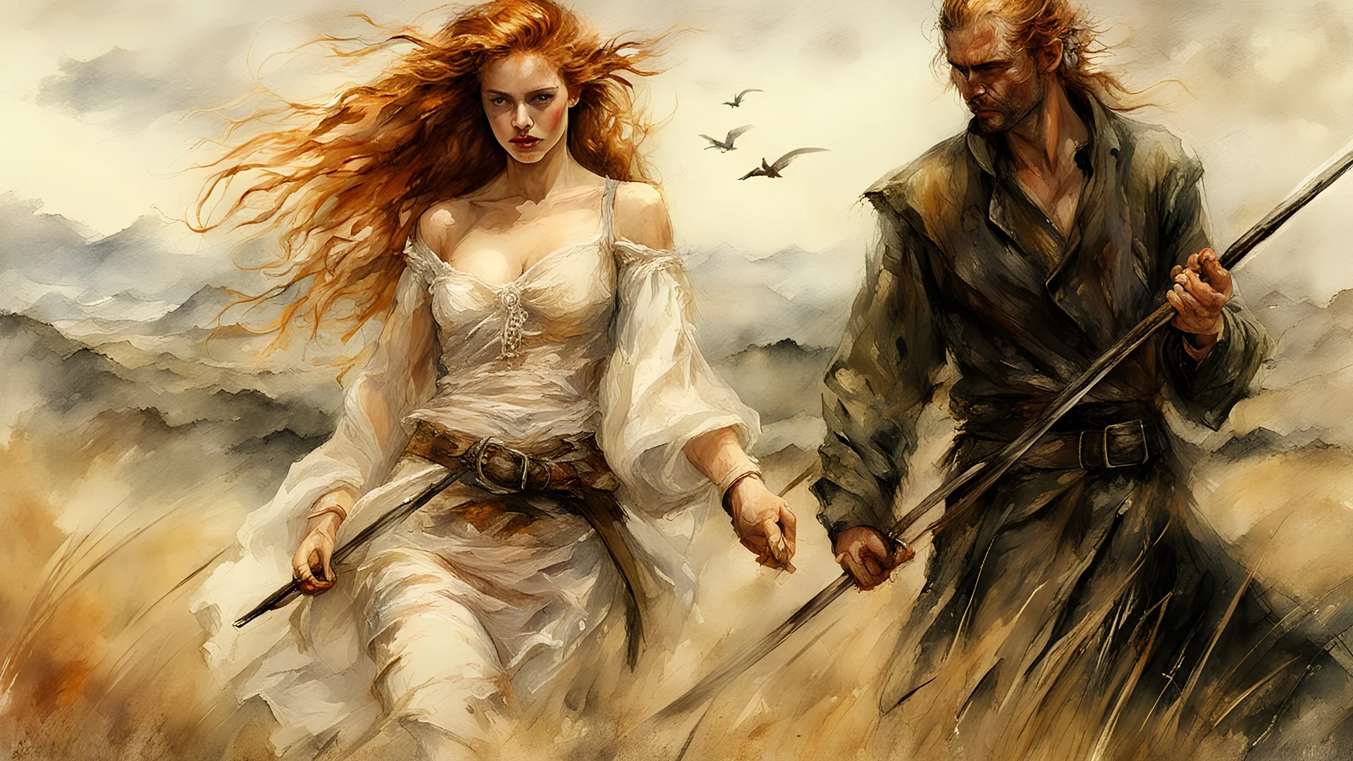 Hyper-photorealistic watercolor art style by Luis Royo & Leonid Afremov & William Kentridge & Anna Razumovskaya, ginger-haired woman with natural skin tones, hyperdetailed face, full body diagonal shot, encounters male bandits in dark fantasy countryside setting, absence of mysterious elements, dramatic lighting, ultrafine detail, octane rendering., by