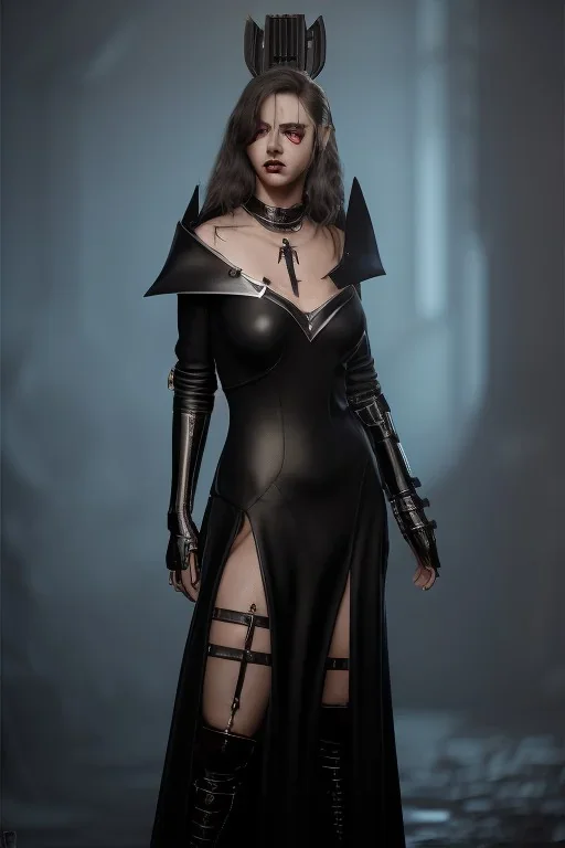 portrait beautiful executioner in black leather gown in a dungeon, mature woman, evil, angry, cleavage, sci-fi fantasy style, 8k,dark