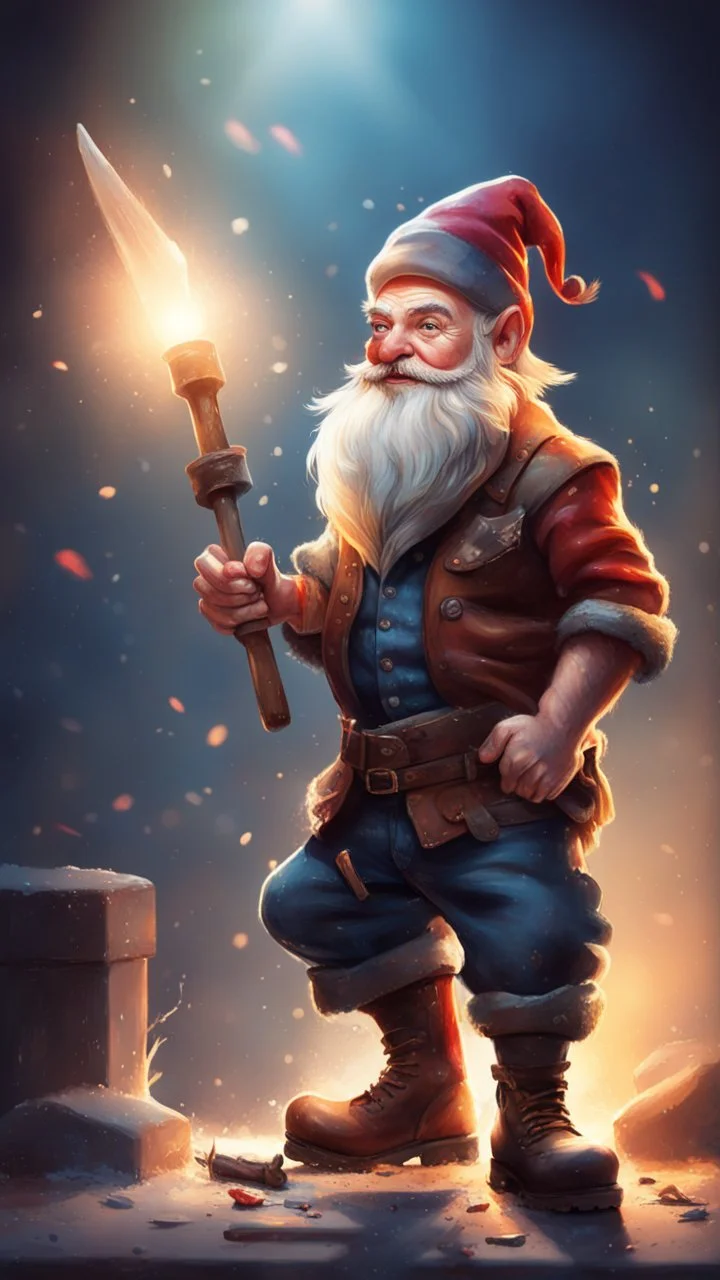 postcard portrait of bard post man sexy gnome smith man with old boots , sledge hammer banging glowing sword, in spotlight, magazine cover illustration with spray paint, signed, bokeh like, down-light, unreal engine, prize winning