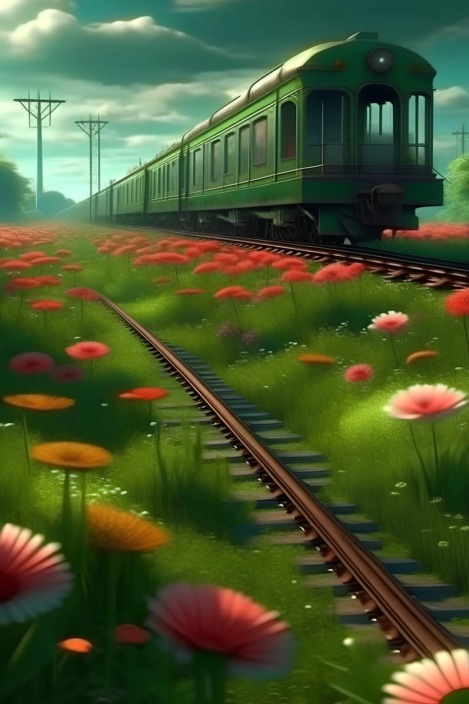 metro on the tracks, surrounded by flowers, on top green grass, matte painting, digital illustration, dreamlike visuals, bright colors, hyperrealism, detailed, high quality, 4k