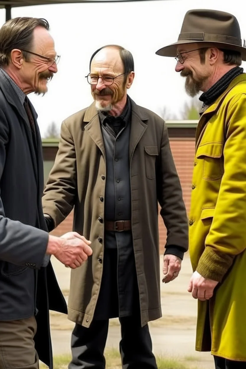 Walter White and Jesse Pink in the AMC walking dead universe shaking hands with rick grimes and Daryl Dixon.