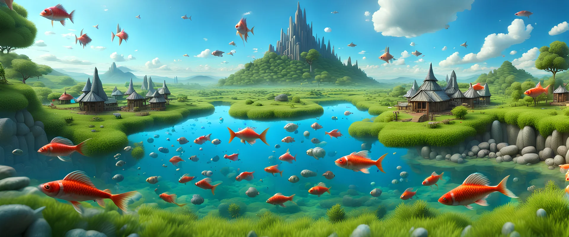 an outdoor surrealist market. A herd of dream-like sky-fish swim high in the far distance, with a beautiful surreal outdoor countryside summer scene with hills, paths, waterfalls, very high detail, photorealistic, epic cinematic, 8K, Large depth of field