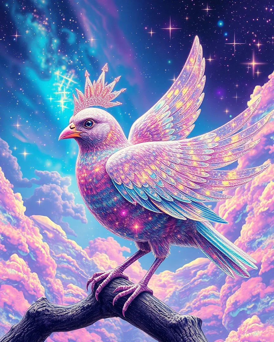 Lowbrow pop surrealism hallucinogenic holographic sparkle glitter reflections bird of majestic beauty and glory