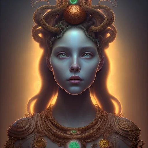 portrait of teenage medusa, with raised eyebrow, wicked smile, black snakes cover her head, hairless, wearing an embroidered rusty tunic, dark background, intricate, elegant, copper and emerald jewelry, glowing lights, highly detailed, digital painting, artstation, concept art, smooth, sharp focus, illustration, art by wlop, mucha, artgerm, and greg rutkowski golden ratio