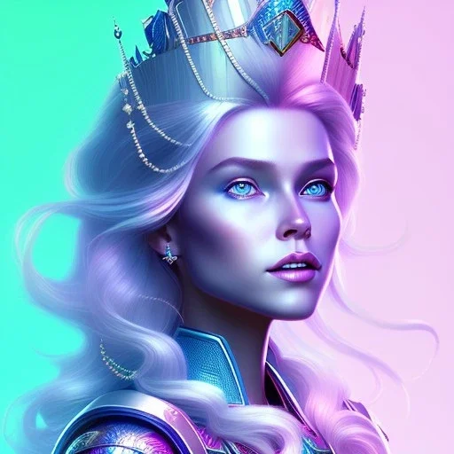 A portrait of a full body crystalised blue pink queen,smiling face, blue eyes, long blond hair, atmospheric, realistic, unreal engine, lighting