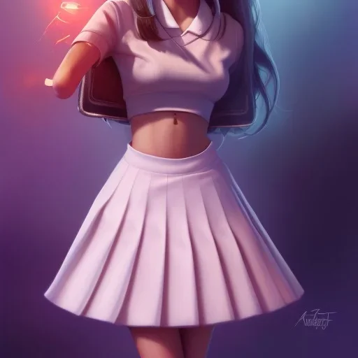 Jenna ortega with school uniform, seifuku, pleated miniskirt, overknee socks, adriana lima, painted by artgerm and tom bagshaw, fantasy art, dramatic lighting, highly detailed oil painting, volumetric lighting