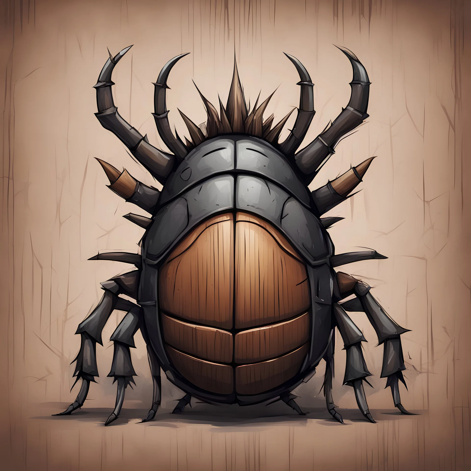 Fealty Beetle with a shell made of brown wood with dark gray spiked towers and trim, in graffiti portrait art style