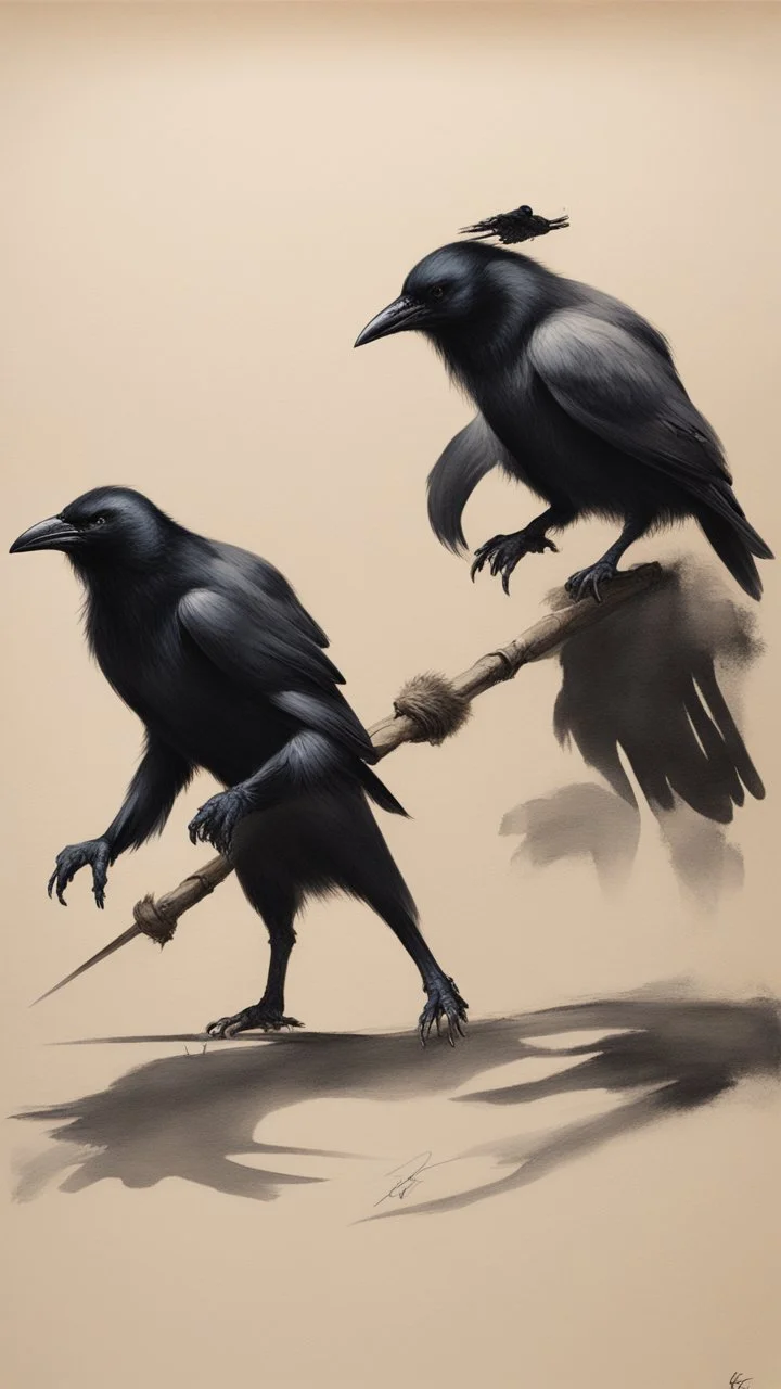 crow badger duellants, with distinct shadow on paper, signed by a master