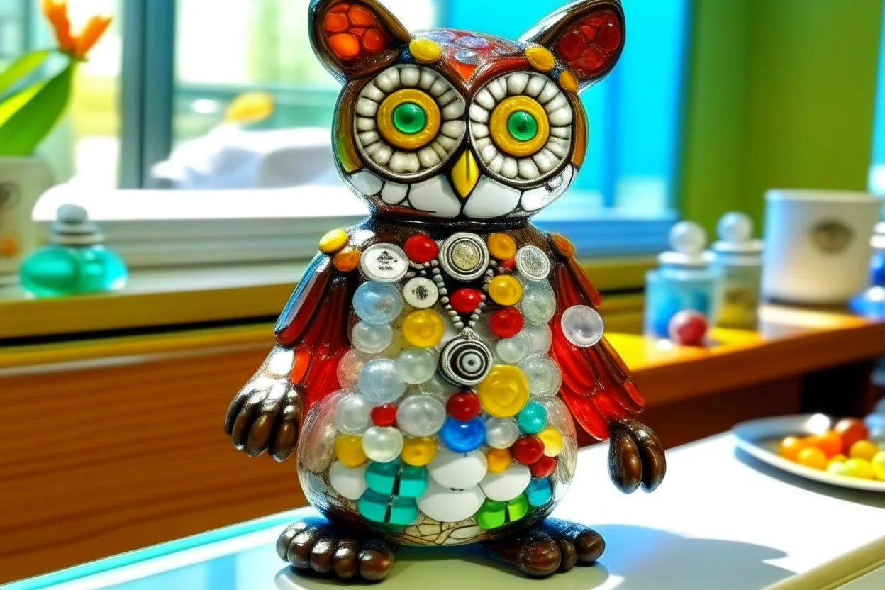 Owl nurse in nurse costume made of tyffany glass and gemstones spreading pills, she is wearing necklaces made of medicines in a hospital room in sunshine