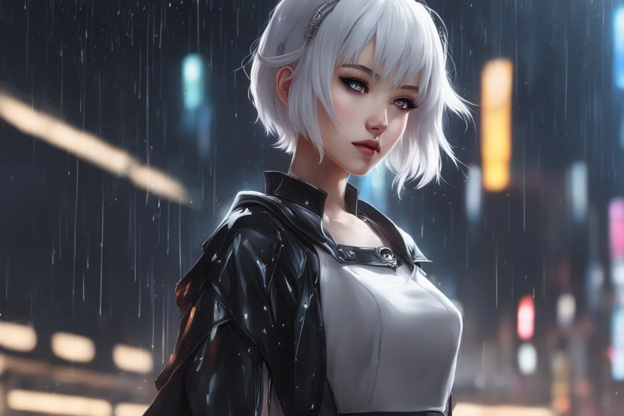 Anime girl in 8k realistic anime drawing style, short white hair, fantasy world, neon moon, black dress, rain, highly detailed, high details, detailed portrait, masterpiece,ultra detailed, ultra quality