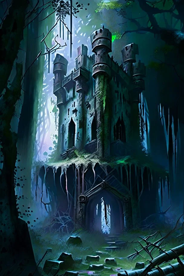 Abandoned scary fortress in the woods fantasy art painterly rpg