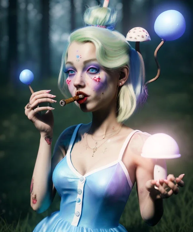 Ultra realistic wonderland photo, happy blonde Alice smoking a pipe, blue dress, white rabbit pet, circus dress style, old school tattoo, smoke, marijuana garden, glow eyes, perfect iris, little mushroom balloons, soft color, highly detailed, unreal engine 5, ray tracing, RTX, lumen lighting, ultra detail, volumetric lighting, high definition.