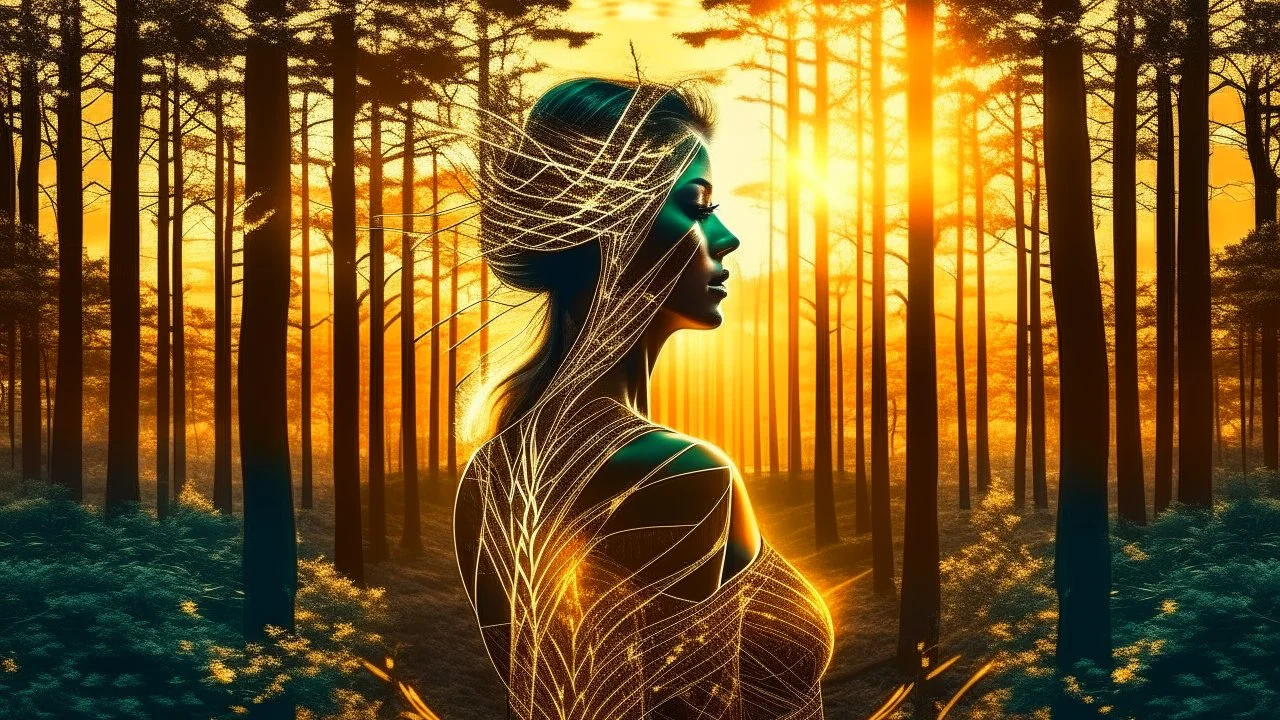 Intertwined: Woman and Forest in 3D Airbrushing This stunning double exposure image features a woman made of tree bark. It captures a vibrant forest landscape with deer under a full moon, accented with washed-out gold metallic effects that create a surreal, otherworldly atmosphere.