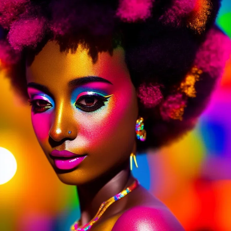 masterpiece, best quality, woman, dark skinned, sparkling eyes, fluorescent skin, colorful makeup, afro, highly detailed body, sun light, 4K, RAW, depth of field, high contrast, realistic details, 24mm