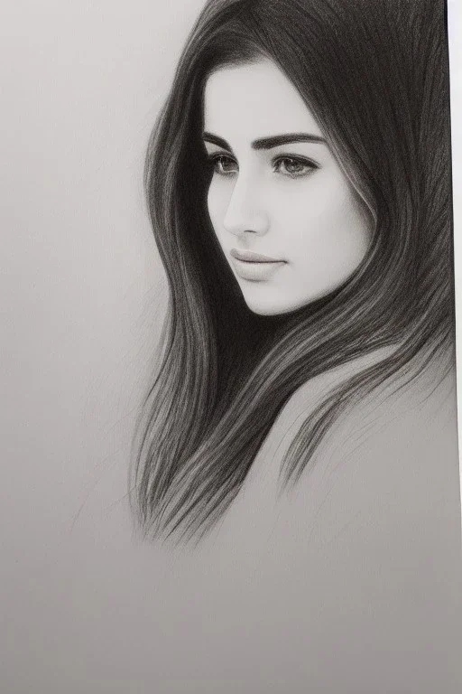 Pencil sketch of Young woman look through the window , Arab features,sad, long wavy hair, full body، on lined paper