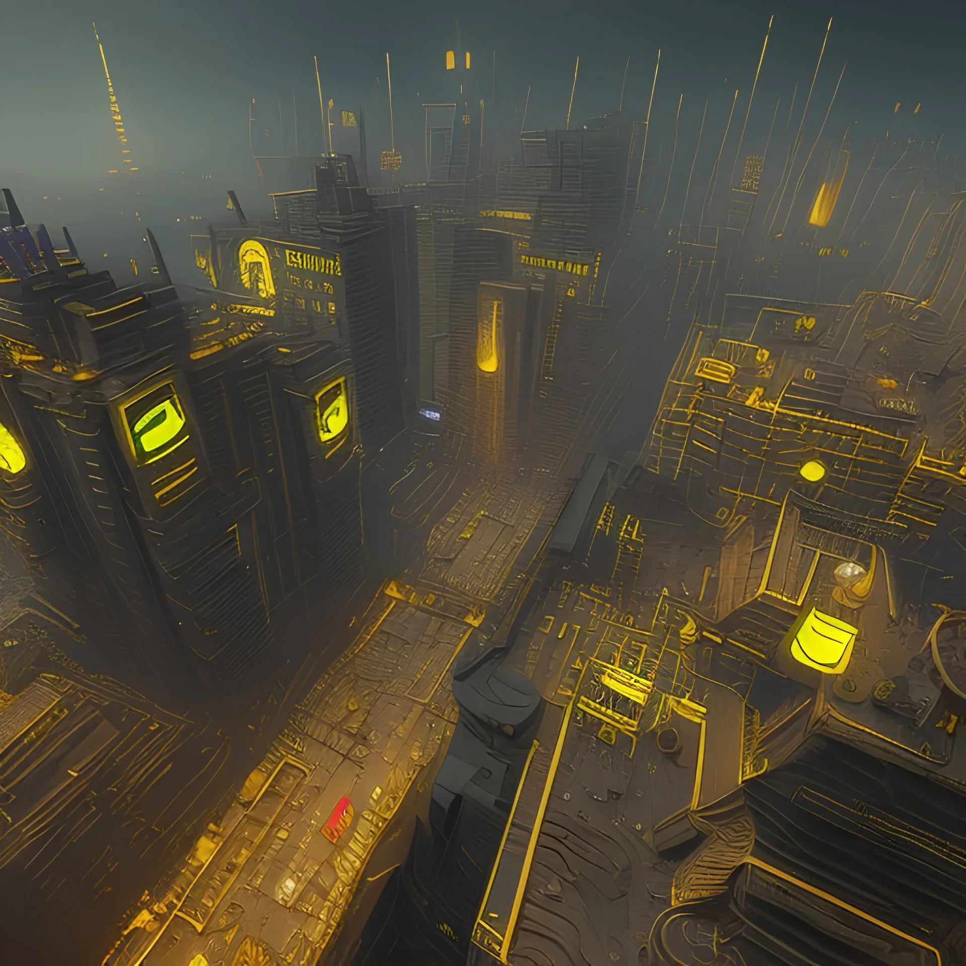 punk city, yellow-black color scheme, 8k resolution, dynamic lighting, reflective surfaces