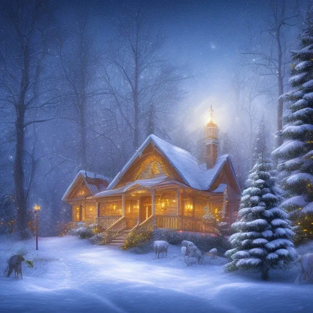 foto realistic winter house with a illuminated christmas tree in the night