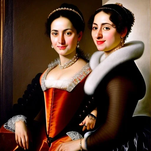 portrait of Eira Santiago Arnau and Dalia Santiago Arnau by Velazquez,smiling, oil on canvas, cinematic composition, extreme detail,8k,fit full head inside picture,