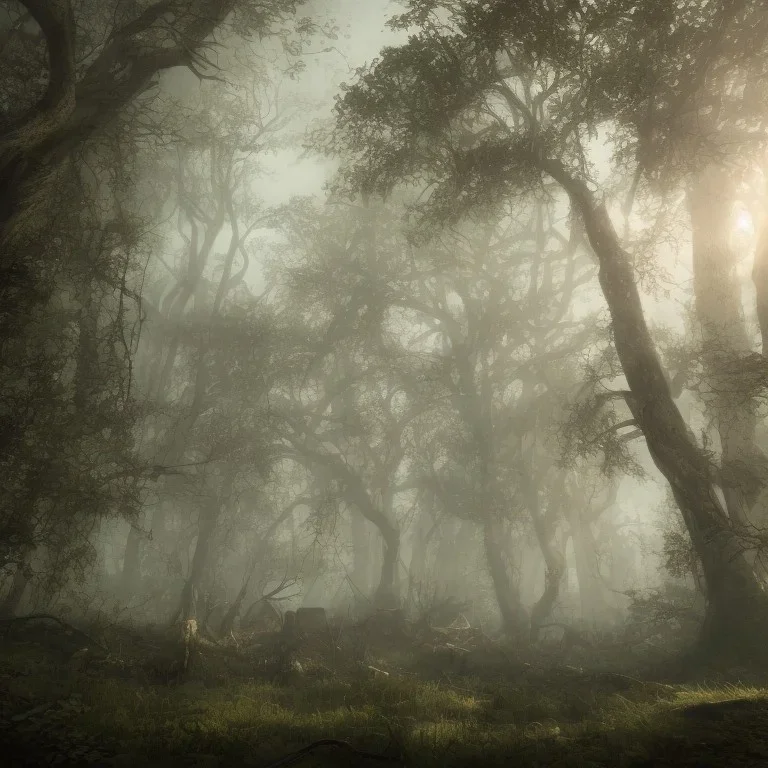 spooky forest, 4k, 8k, highly detailed, cinematic, ultra photorealistic, volumetric lighting, sharp details, mist, trees, depth of field, sun shafts, sunset, wide view