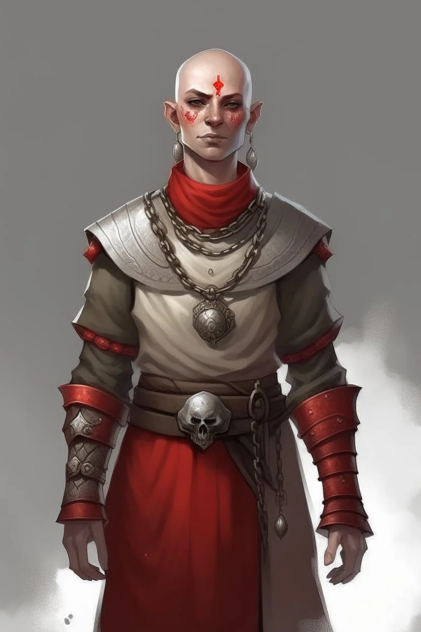 full length 22-year old, nordic looking, bald female human cleric with a necklace of red beads, wearing scale mail