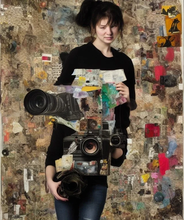 happy beautiful girl holding big proffesional camera in studio. street art, oil on canvas, spray paint, collage, letters, newspapeers, Dave McKean, Vladimir Fedotko, Saturno Butto, Vaughn Bodé, Frank Wu, James C. Christensen, collage, dirty, paint dripping, radiant