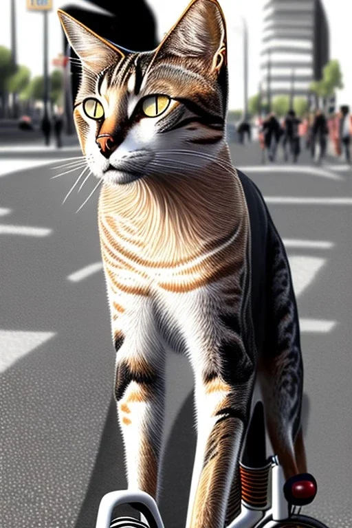 One single mature street cat, friendly, riding on a bike , sunny day, perfect iris, perfect eyes, model style, hyper realistic, extremely accurate, delicate, extremely detailed, Graphic novel style, colours, wide-angle, open aperture, superfine pencil