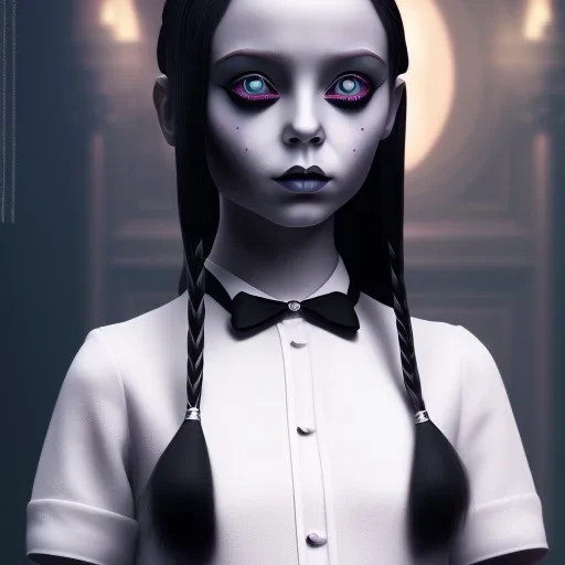 wednesday addams from jenna ortega, wednesday addams hair, wednesday addams make up, wednesday addams black dress, cinematic, hyper detail, 8k resulation