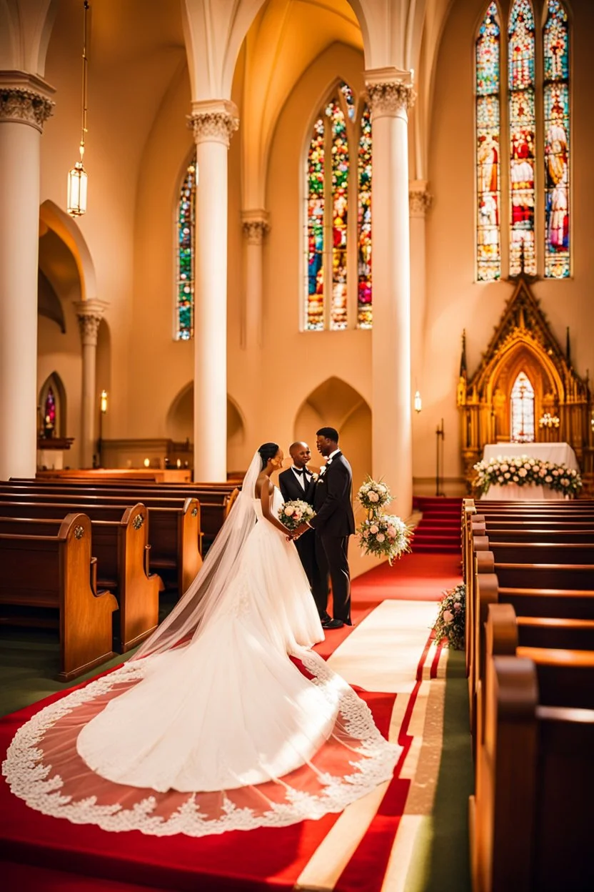 "Picture a timeless moment inside a majestic, sunlit church where a radiant bride and her dashing groom are standing at the altar. The bride is resplendent in her white wedding gown, adorned with intricate lace and a flowing train that cascades gracefully behind her. She holds a bouquet of fragrant, pastel-hued flowers, her eyes shimmering with happiness and anticipation. The groom, in a classic black tuxedo, stands beside her, wearing a warm, proud smile. The church is bathed in soft, golden li