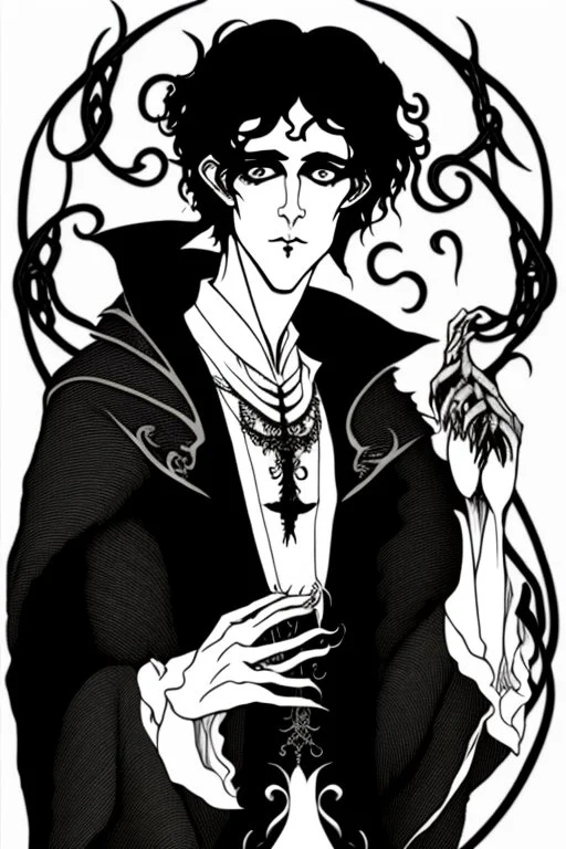 black haired young man necromancer wizard with gothic jewelry and tentacle fingers in the style of Aubrey Beardsley