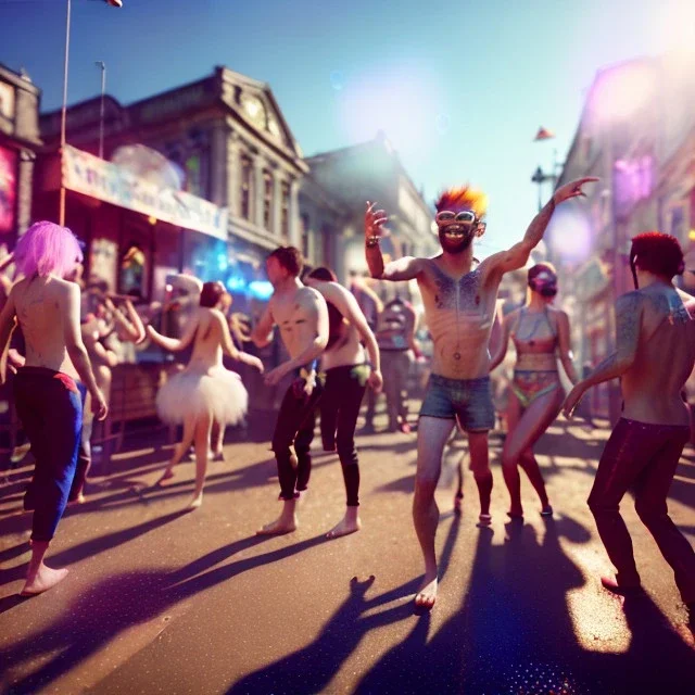 Ultra Realistic photo, medium shot view, drunken dancer naked man, carnival scene, monster hair, steampunk. Red hair, confeti, Sunglasses, smile, happy, festival, ovnis, gradient color fog. highly detailed, concept art, unreal engine 5, ray tracing, RTX, lumen lighting, ultra detail, volumetric lighting, 3d, finely drawn, high definition, high resolution.