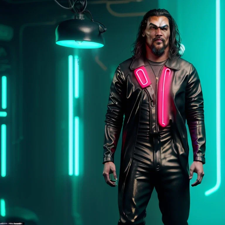 Actor, jason momoa, blade runner style, rain, fog, neon ambient, gradient color, clean skin, circuits, latex coat, cyber punk, neon, tubes, portrait, photo studio, unreal engine 5, smooth color, 16 bit, god lights, ray tracing, RTX, lumen lighting, ultra deatail, volumetric lighting, 3d, finely drawn, hd.