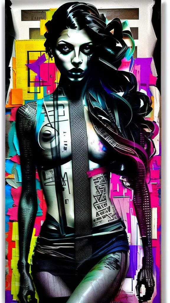 Russ Mills, byroglyphics style art, backdrop, mixed media, broad energetic brushstrokes, palette knife, chaotic collage, cardboard, newspaper, torn paper, gauze, broken glass, graphic image, vibrant natural color, intensely passionate, full body, eerie, slim Goth punk woman with long braided hair of Spanish and Lebanese heritage, beauty in chaos