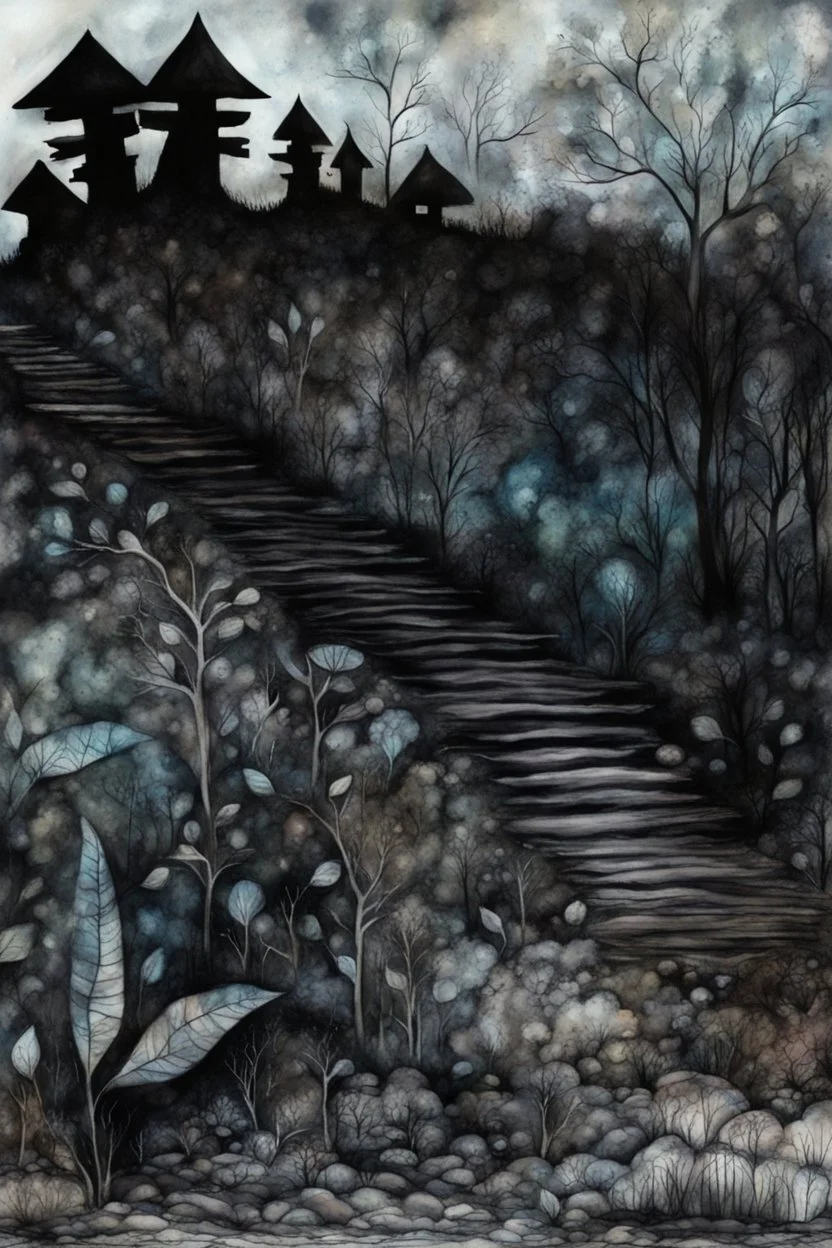 Liminal Dreamscape nightmares; Primitive Art; Ink Wash; Black With Iridescent Pastels