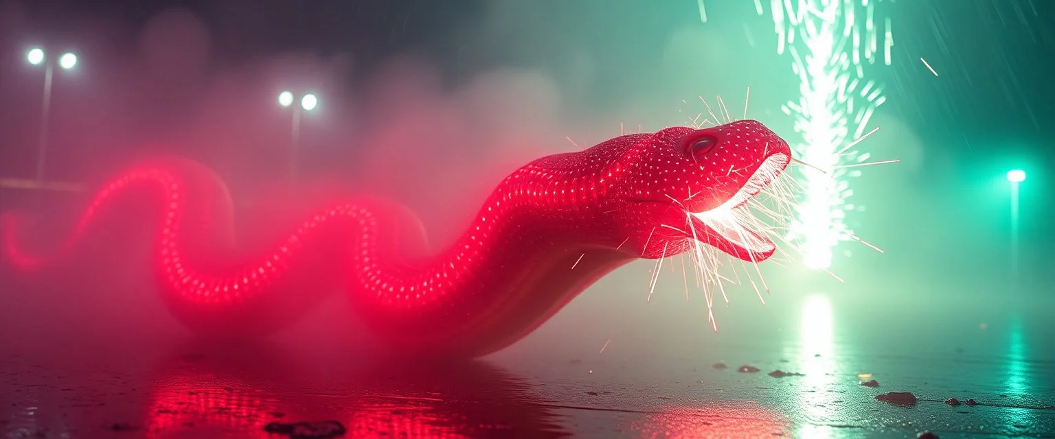 hyper olympic, horrible space slinky boa slug in the style of giger, in fog and spectacular spark rain