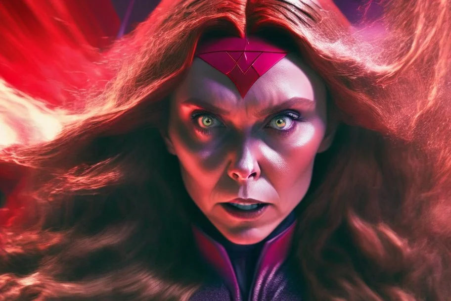 Mulher, feiticeira escarlate, rosto da atriz elizabeth olsen, rosto de wanda maximoff, cabelos ruivos, muito brava, wanda Marvel, expressão de raiva, 4k render, vilã, voando, imagem de longe, manipulando magia, raiva, corpo inteiro, olhos marcantes, mãos atirando magia do caos vermelha, cidade de destruição, cores frias, cinematográfico, dramático. Traje da wanda inspirado no filme doutor estranho no multverso da loucura da marvel, saindo magia de suas mãos, voando pelo céu e a destrui�