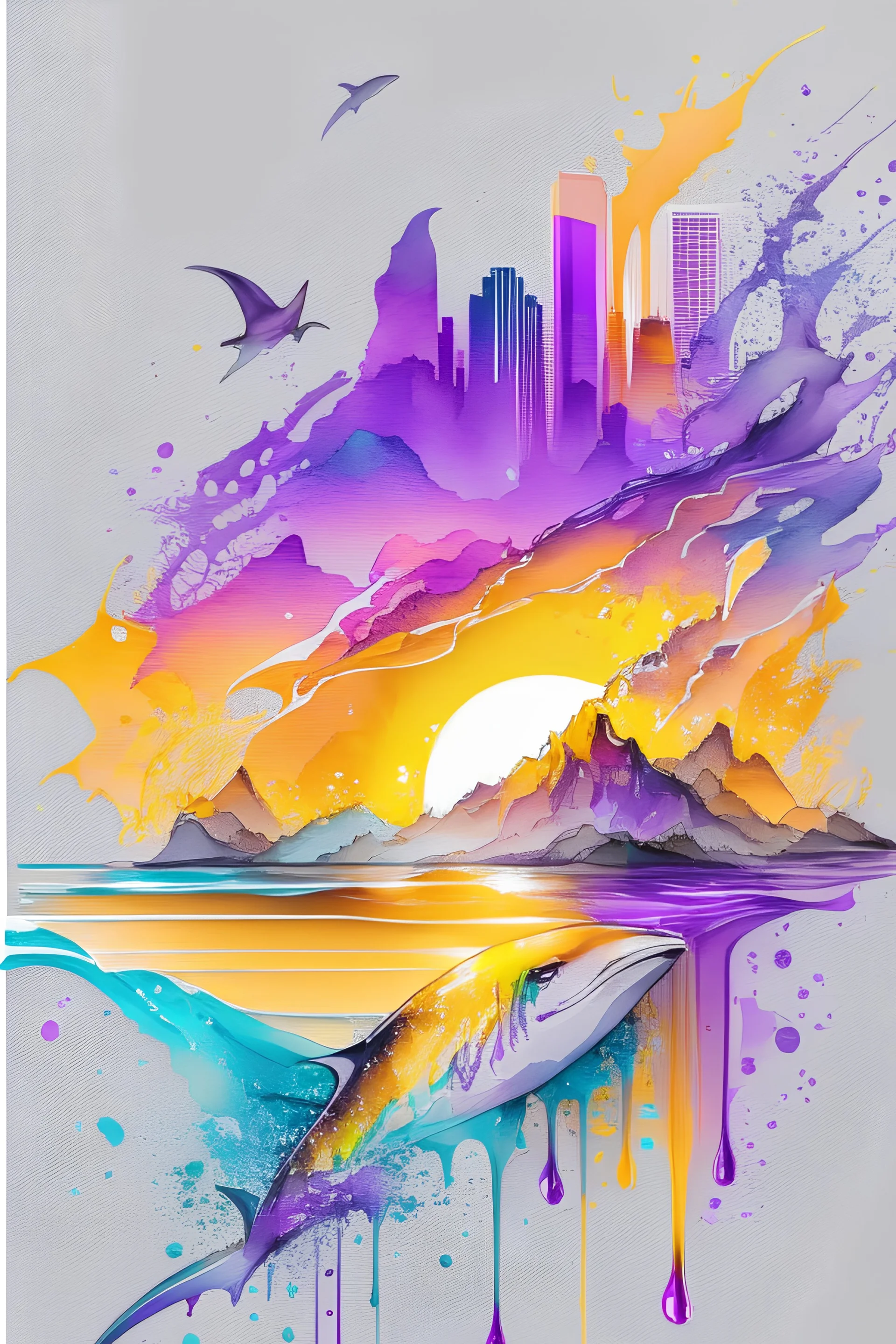 2:3 Full size, watercolor on transparent background paper, chromatic, zoom, sharp, splash of colors on a white background, a detailed golden purple sunset fire style, detailed shark, owl, Miami Beach with light blue water, Mountains, graffiti elements, powerful zen composition, dripping technique, & the artist has used bright, clean elegant, with blunt brown, 4k, detailed –n 9, ink flourishes, liquid fire, clean white background, zoom in, close-up,