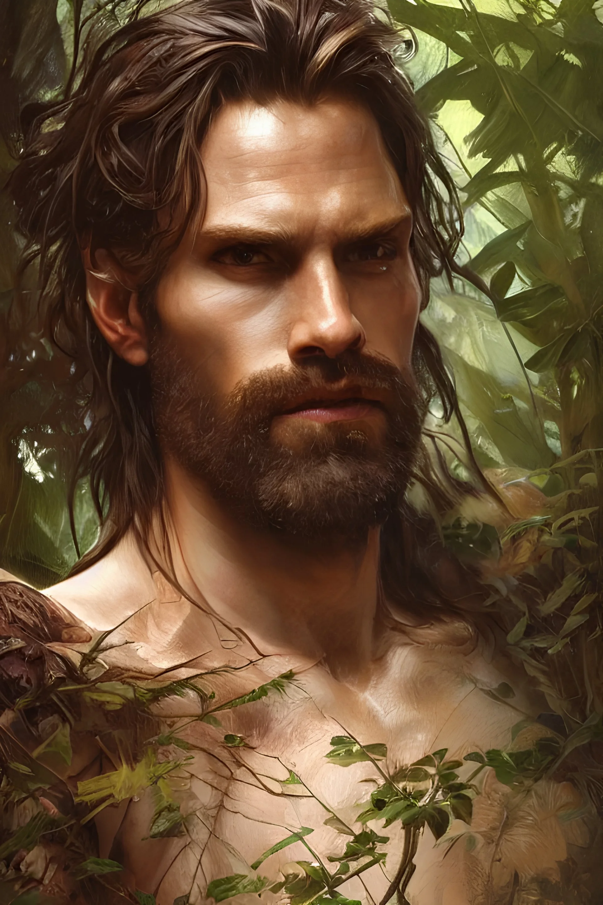 portrait of the god of the forest, 30 years old, rugged, male, gorgeous, detailed face, amazing, hairy torso, muscular, intricate, highly detailed, digital painting, artstation, concept art, sharp focus, illustration, art by greg rutkowski and alphonse mucha