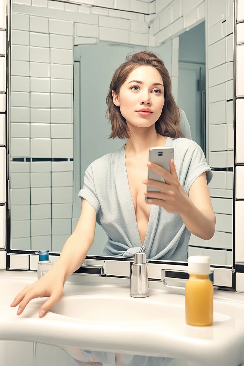 Generate a high-quality lifelike portrait of a {{18,21,25,28,31,34,37}}-year-old female social media inflluencer taking a cellphone selfie in the bathroom mirror. The POV should be from the perspective of the woman taking the selfie. She should have a slender body and be wearing skin-tight and very thig gym clothes. Her long black curly hair should be styled in a whimsical way. The photo should be captured using a 35mm film with a macro shot and shallow depth of field to create a bokeh effect. P